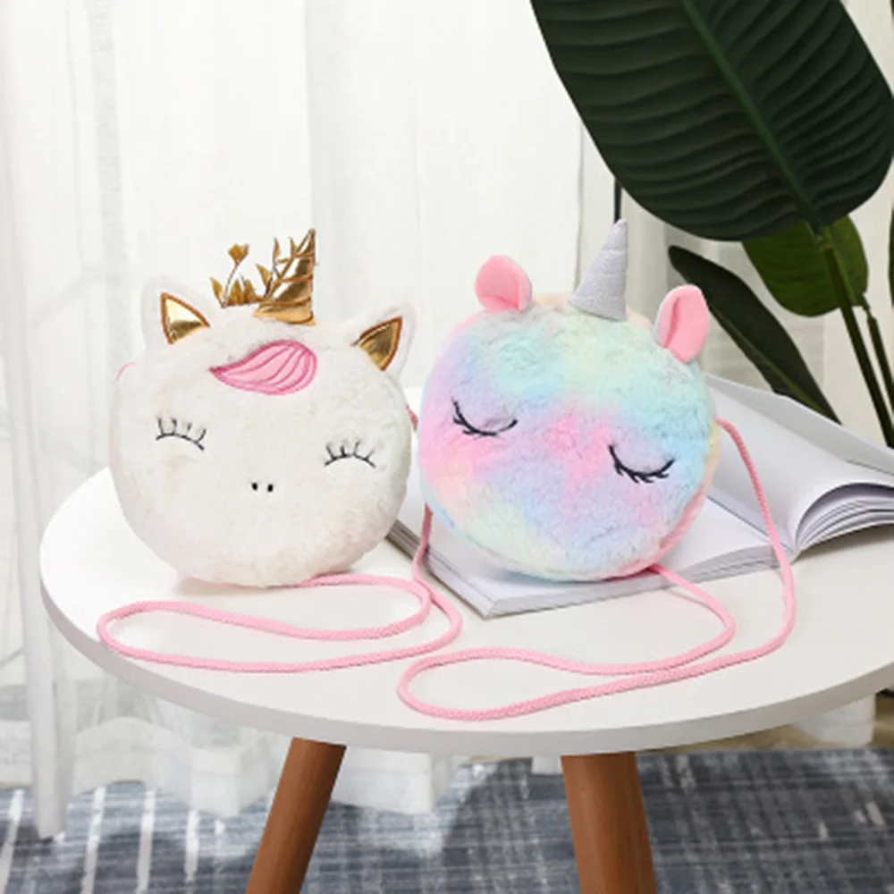 Cartoon Unicorn Shoulder Bag Women Girls Corduroy Square Belt Phone Purse Travel Fur Crossbody Bag Coin Purse Gift