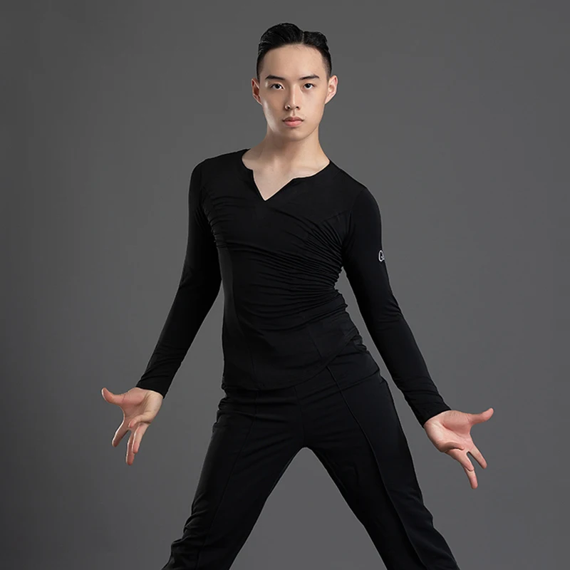 Soft Ballroom Dance Tops Men Stage Costume Salsa Dance Wear Black Latin Practice Wear Long Sleeve Modern Dancer Outfit JL3706