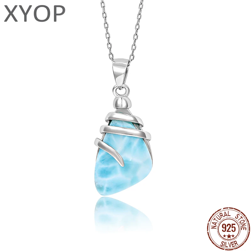 

Shell Design 925 Sterling Silver Jewelry Gifts Classic Retro Precious Natural Larimar Pendant Necklace