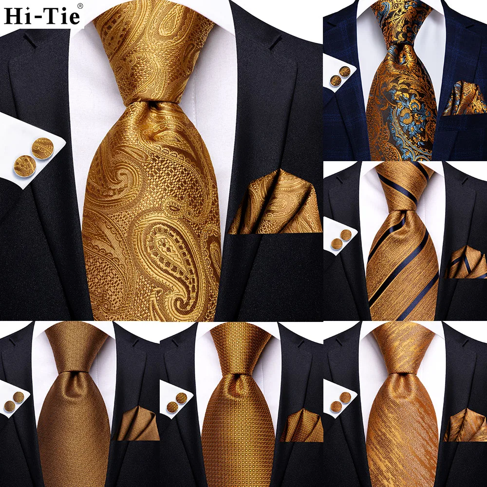 Hi-Tie Luxury Gold Orange Paisley Striped Silk Wedding Tie For Men Hanky Cufflink Gift Mens Necktie Business Party Dropshipping