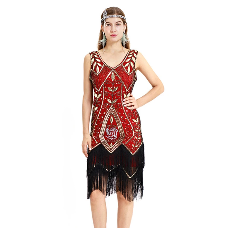 Women Flapper Dress Vintage V Neck Peacock Sequin Fringe 1920s Great Gatsby Charleston Dress Art Deco Ganster Party Costu