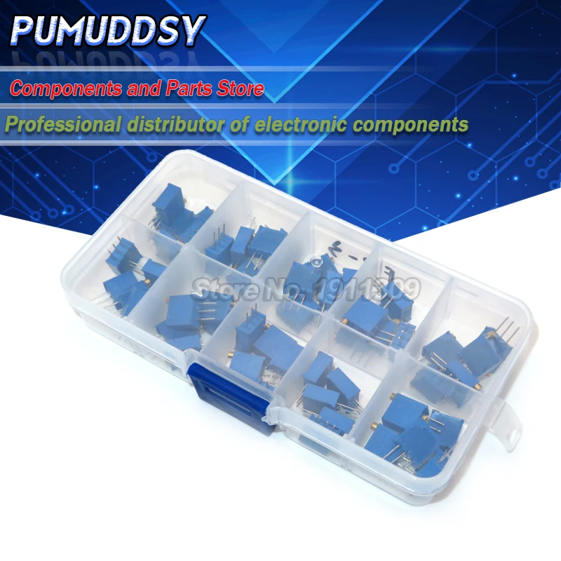 

50PCS 3296W Multiturn Trimmer Potentiometer Kit High Precision 3296 Variable Resistor With Box electronic diy kit