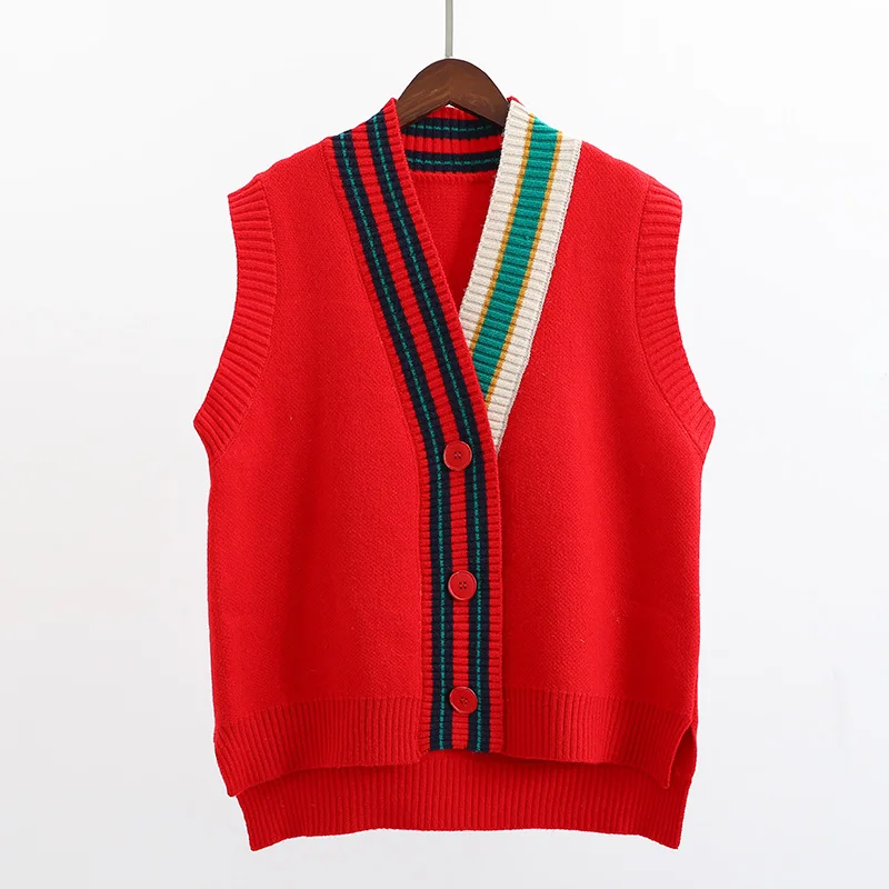 2024 Female Fashion Loose Vest V-neck Button Sweater Open Stitch Casual Striped Cardigan Women Sleeveless Knitted Sweater Coat