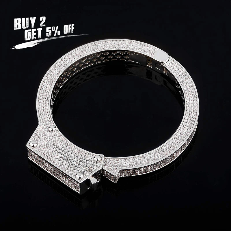 JINAO Gold Silver Color Hip Hop Jewelry Iced Out High Quality Cubic Zirconia Handcuffs Bracelet Gifts for Men Women