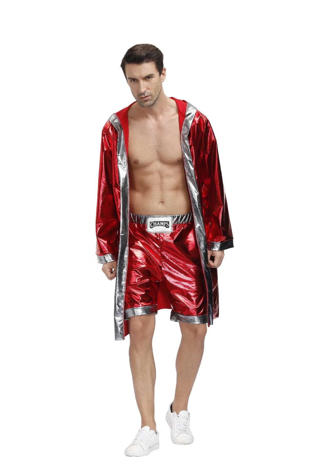 Mens Red Boxer Costume Hooded Cloak Robe Crop with Shorts Movie Boxing Robe Clothes Halloween Cosplay Uniform for Male