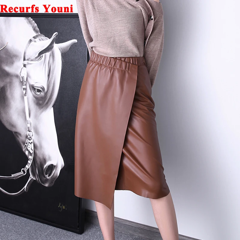 Minimalist Women's Leather Skirts Feminial 2021 Japanese Harajuku Elastic Waist A Version Wrap Faldas Ropa De Mujer Jupe Longue