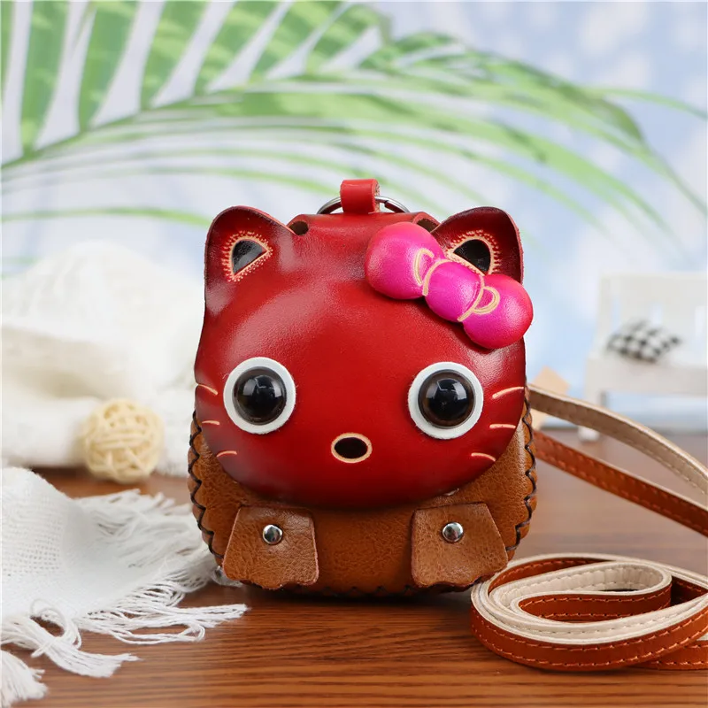 Vegetable Tanned Cowhide Creative Cartoon Cat Coin Purse Car Key Bag Children Messenger Bag Gift