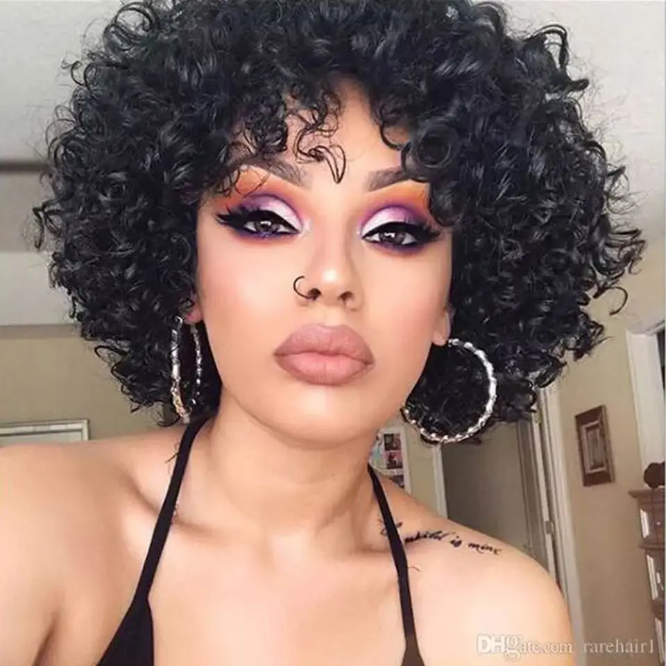 Rebecca Short Curly Human Hair Wigs For Black Women Peruvian Remy Full Wig With Bangs Bouncy Curl Black Cosplay Wigs Nature Wave