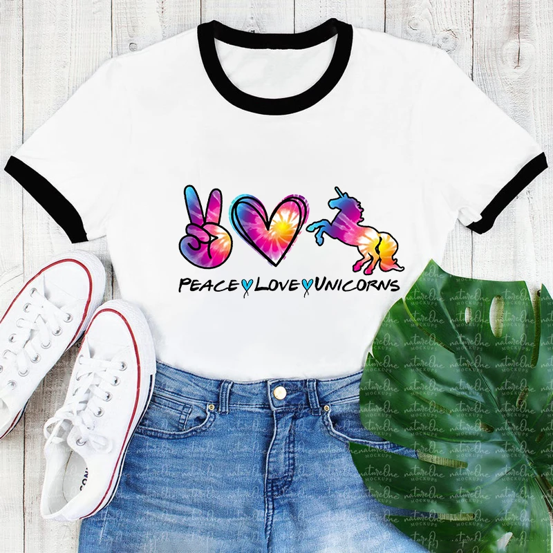 

2024 Peace Love Unicorn Women T-Shirt Harajuku Short Sleeve Print Tees Tops Female Cartoon Shirt Clothes Fashion Pattern T shirt