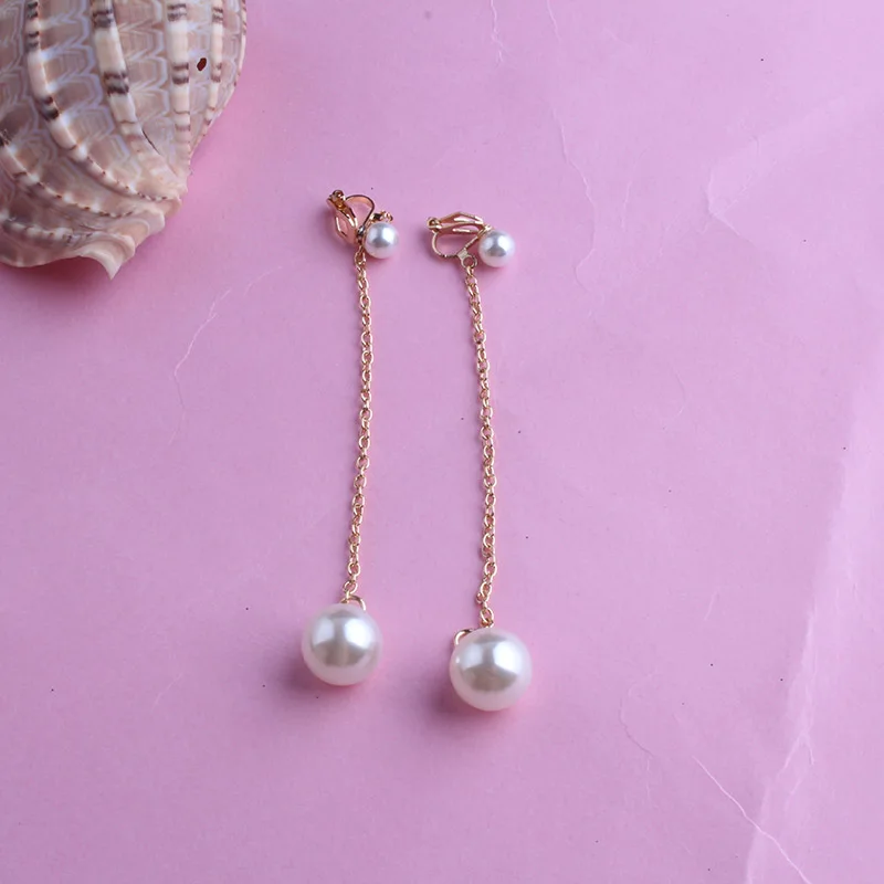 Big Simulated Pearl Long pearl  clip on earrings Without Piercing for Women Wedding Party Ear Clips Gift