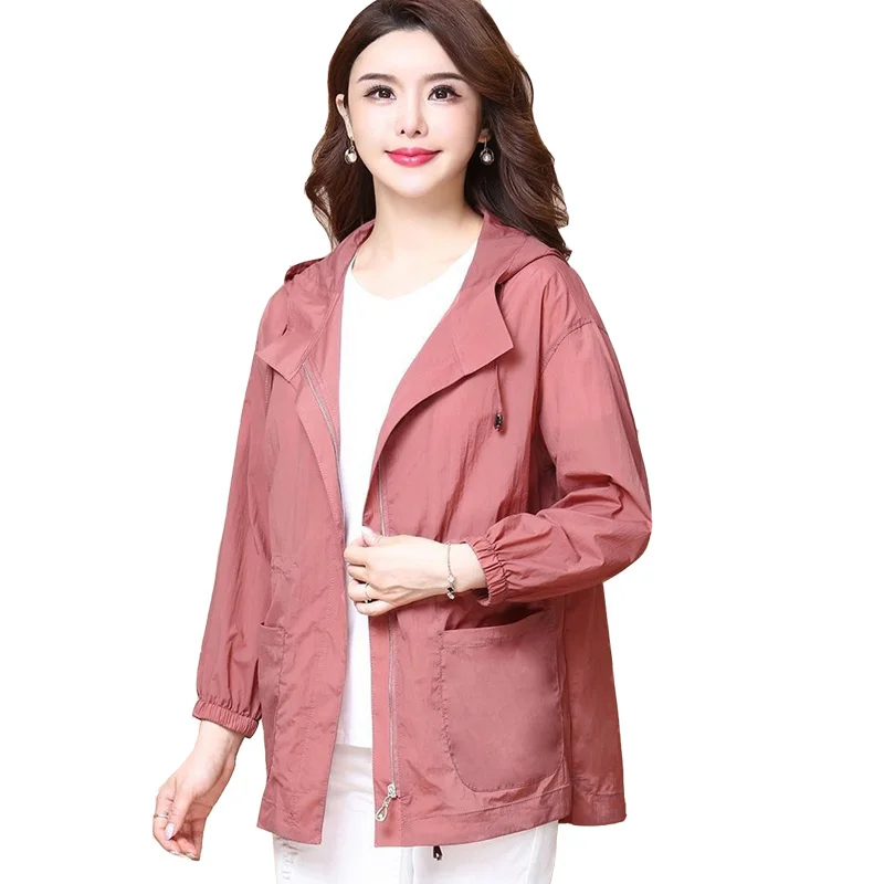 

2020 Summer Women Jacket Sunscreen Coat Hooded Zipper Pocket Jackets Thin Windbreaker Female Casual Loose Outerwear Plus Size