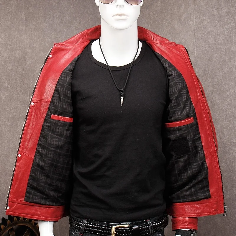 New Autumn Men Goatskin Genuine Leather Jacket Korean Brand Slim Fit Causal Pockets Single Breasted Red Leather Coat Plus Size