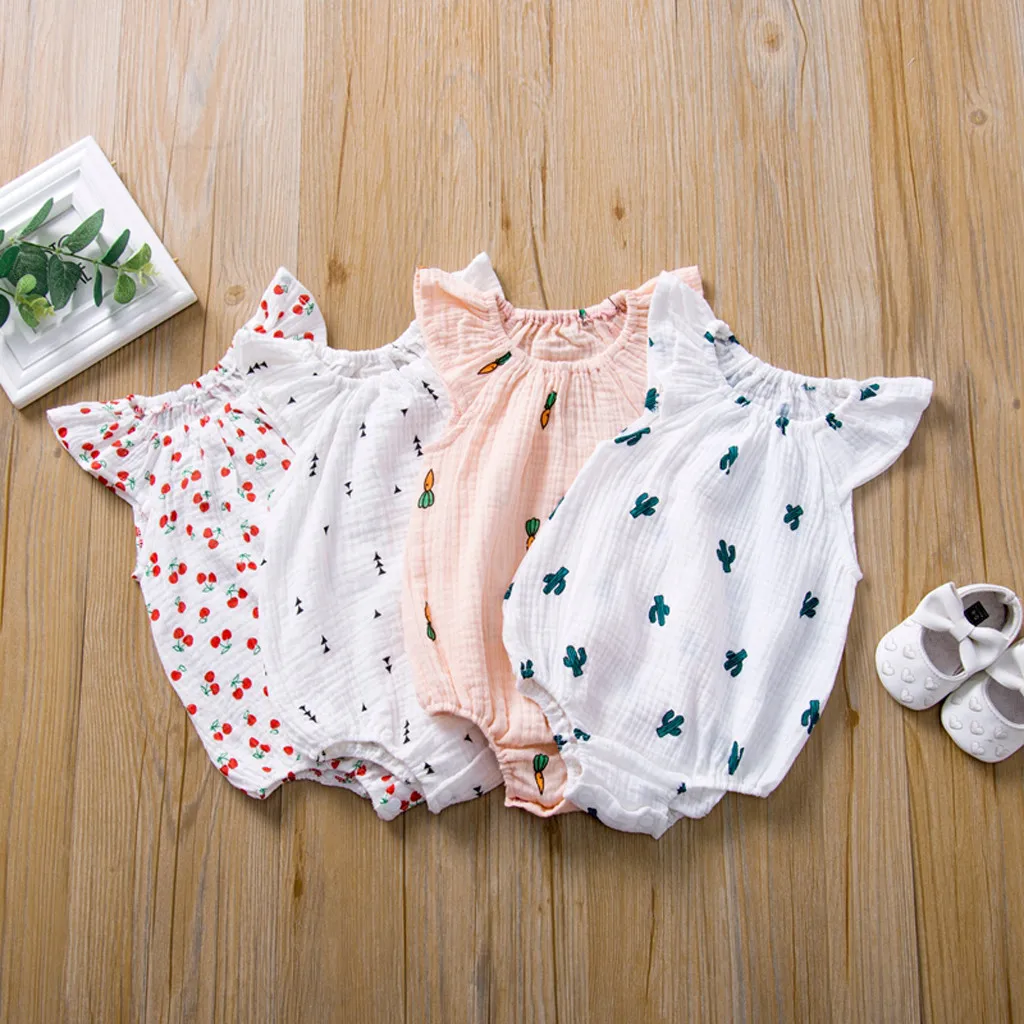 Sweet Cute Body Suits Fly Sleeve Cartoon Infant Newborn Baby Girls Bodysuit Summer Printed Sunsuit Outfit Clothes