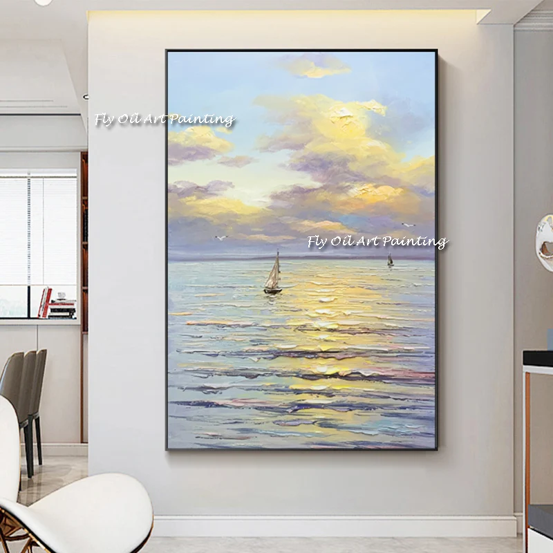 

Landscape Picture Boat at Sea Oil Painting On Canvas Painting Modern Abstract Blue Decoration Picture For Living Room Cuadros
