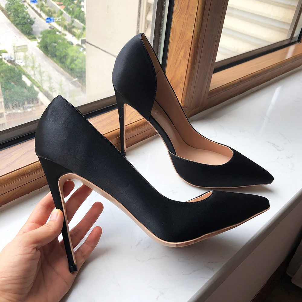 Tikicup Women Black Silk Satin D\'Orsay Stiletto Pums Pointe Toe Slip on Elegant Ladies Formal Fashion Chic High Heel Dress Shoes