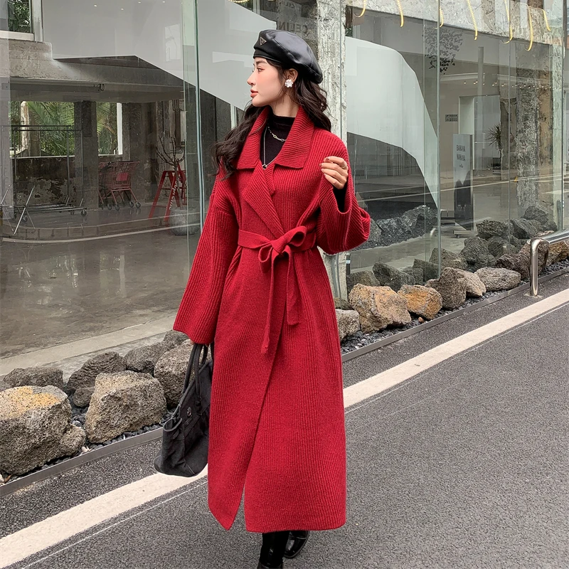 [ZAYZU]French Bathrobe Wind Long Thickened Sweater Knitted Coat women\'s Lazy Wind Autumn and Winter New Lace Up Lapel Coat