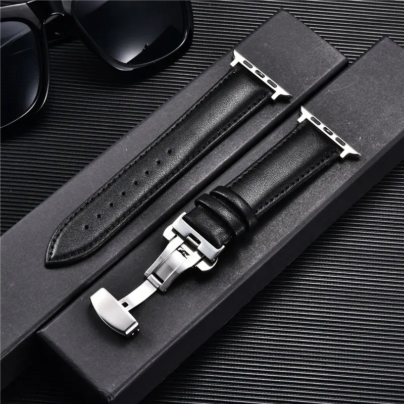 

Casual Leather Watch Band For Apple Watch 6 5 4 3 SE Butterfly Buckle Straps 38mm 40mm 42mm 44mm Bracelet For Iwatch