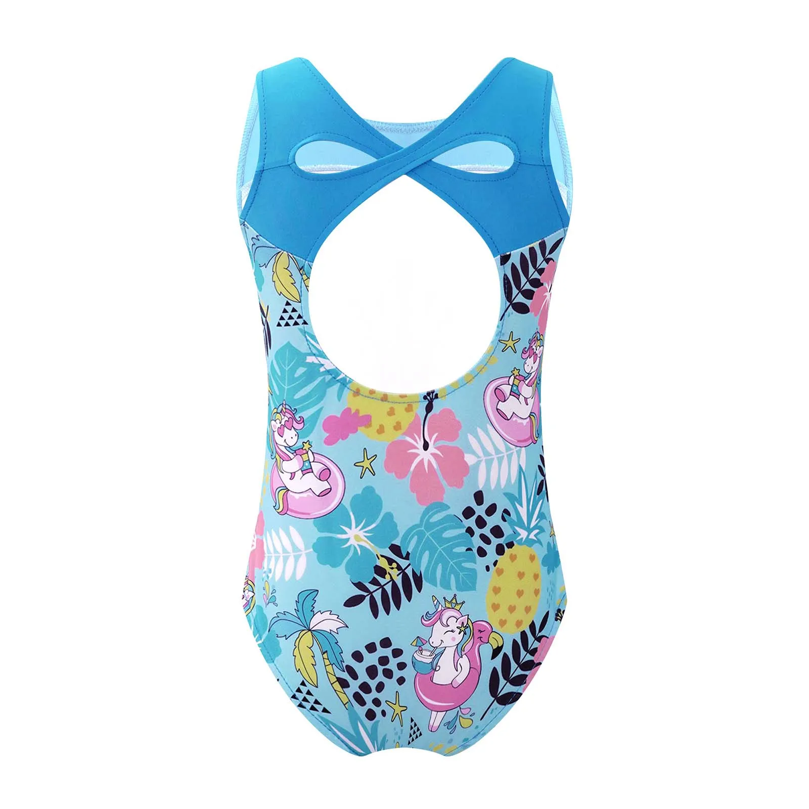 TiaoBug Summer Kids Girls One-Piece Print Round Neck Sleeveless Swimwear Bathing Beach Swimming Pool Dance Gymnastics Leotard