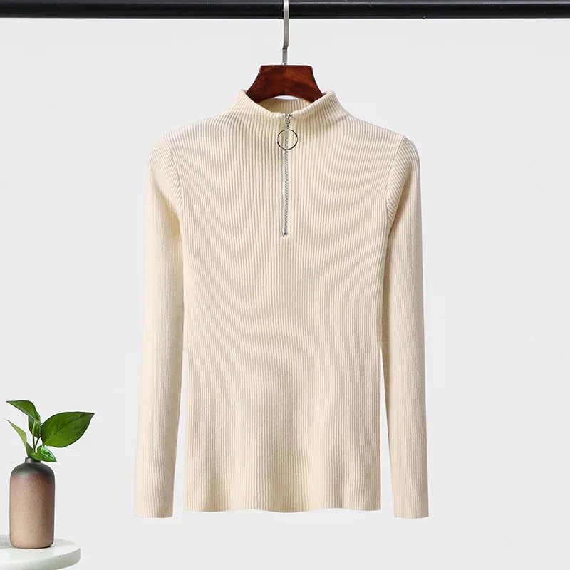 New 2020 Casual Zipper Sweater Women Turtleneck Solid Knitted Pullover Long Sleeve Soft Femme Autumn Winter Jumper Tops