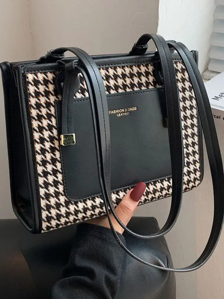 2022 New Trend Women\'s Shoulder Bag Fashion Texture Houndstooth Totes Casual Large Capacity PU Leather Ladies Handbag