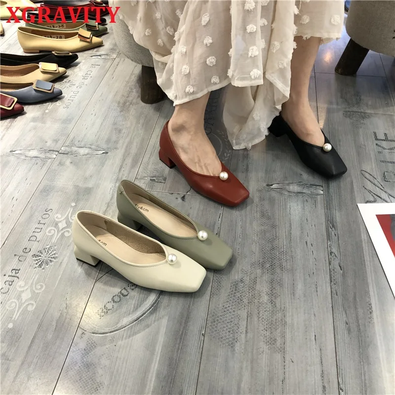 

XGRAVITY Pop Star Square Toe Girl Chunky Heel Woman Shoes Deep V Design Lady Pearl Shoes Elegant European Women New Shoes B156