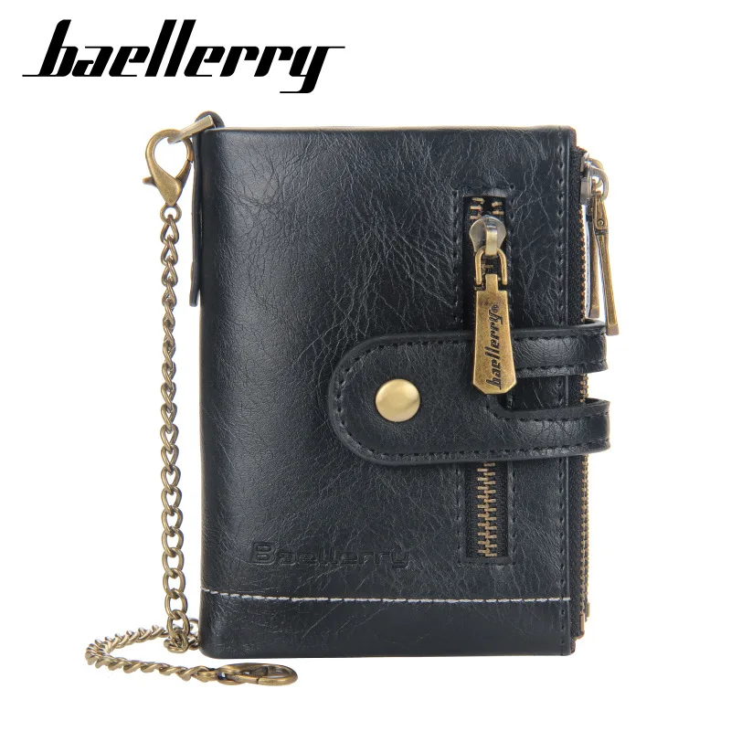 

baellerry Men Wallet With 3 Zipper Coin Pockets Small Male PU Leather Chains Purse Credit Card Holder Casual Money Bag For Man