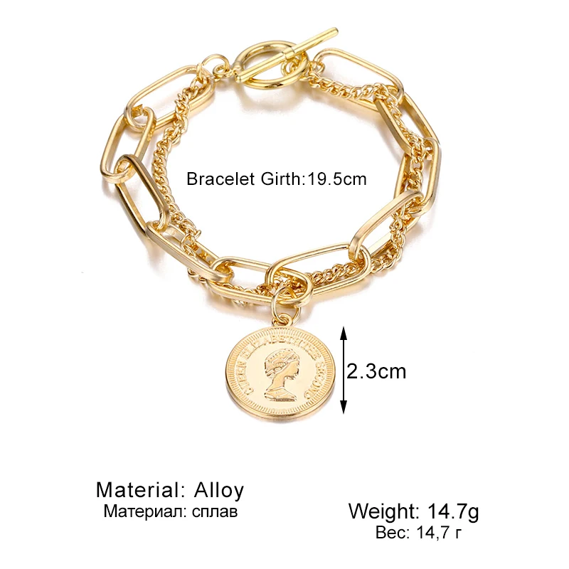 Punk Hip Hop Portrait Coin Bracelet Bohemian Retro Multilayer Chain Geometric Coin Pendant Bracelet Fashion Female Jewelry image 6