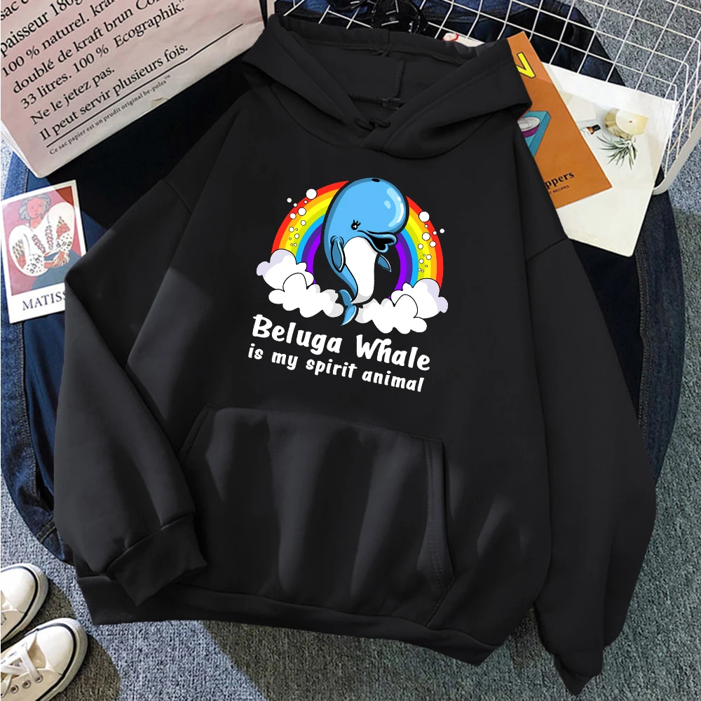 Women Hoodie Blue Whale Rainbow And Cloud Print Sweater Woman Casual Oversize Top Winter Harajuku Kawaii Animal Lady Sweatshirts