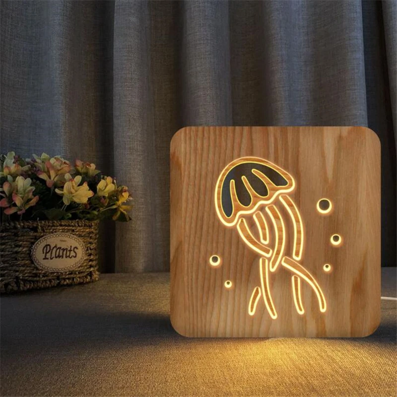 

Ins Wooden Jellyfish lamp Animal USB LED Table Lights Christmas Wood night light for Children kids Room new year Decoration led