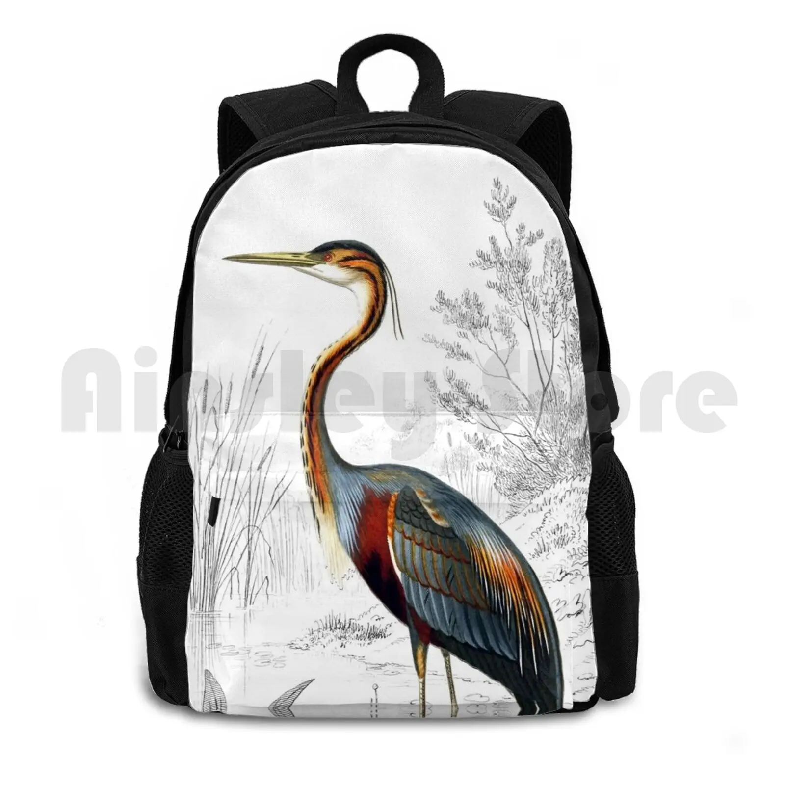 

Colorful Heron Antique Artprint Outdoor Hiking Backpack Waterproof Camping Travel Nature Jungle Spring Floral Petal Beautiful