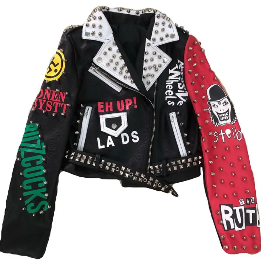 

New Fashion Women's Graffiti Rivet beading Pu Leather Coats Women Cartoon Printed Leather Jacket Punk Rock Cropped Jacket F2499