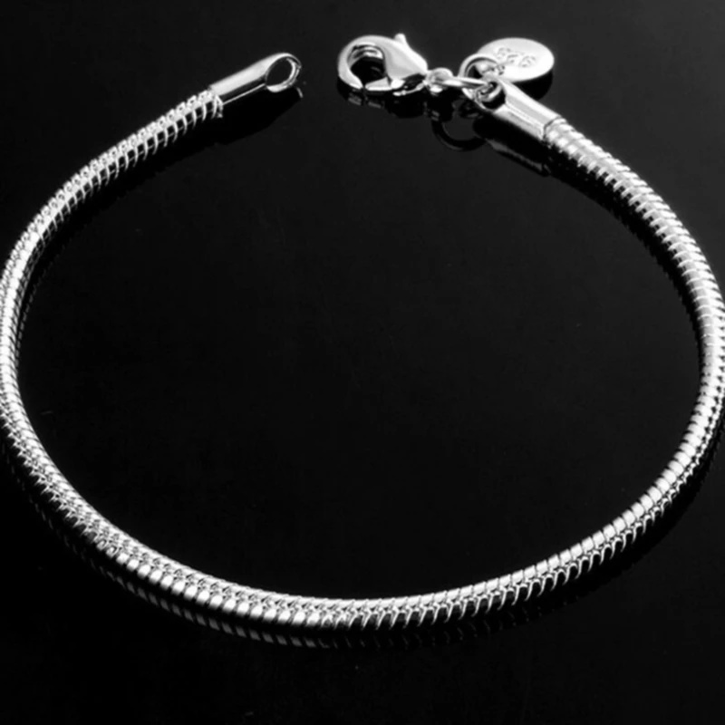 Sterling Silver 3mm Snake Chain Bracelet for Women Men Teen Girls, Charm Bracelet