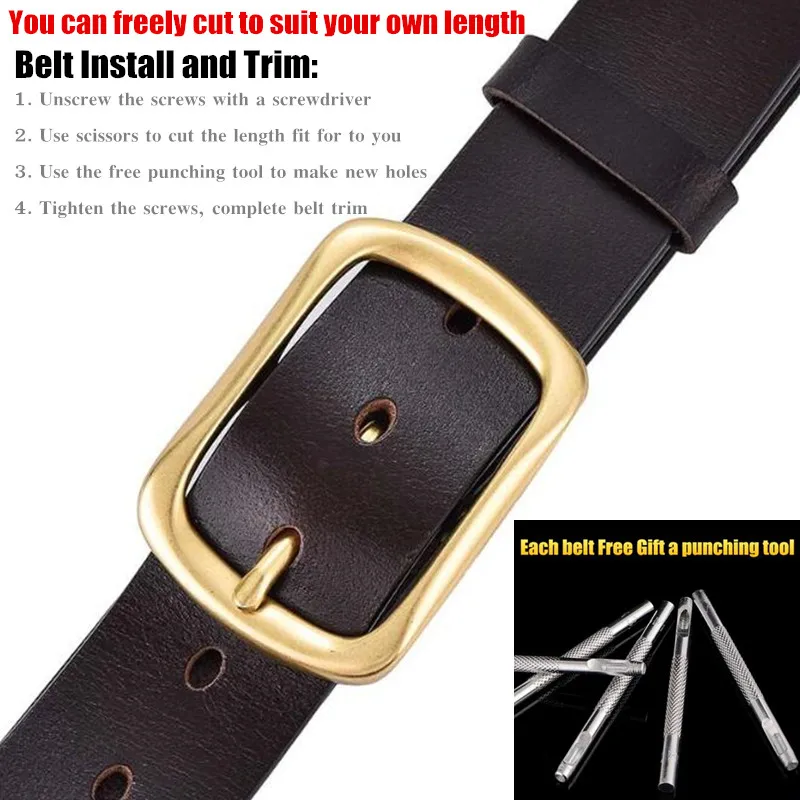 10p Authentic 3.8cm Width Men Genuine Leather Belts,First Layer Cowhide PinHole Buckle Waistband,with Copper Buckle L:115-125cm