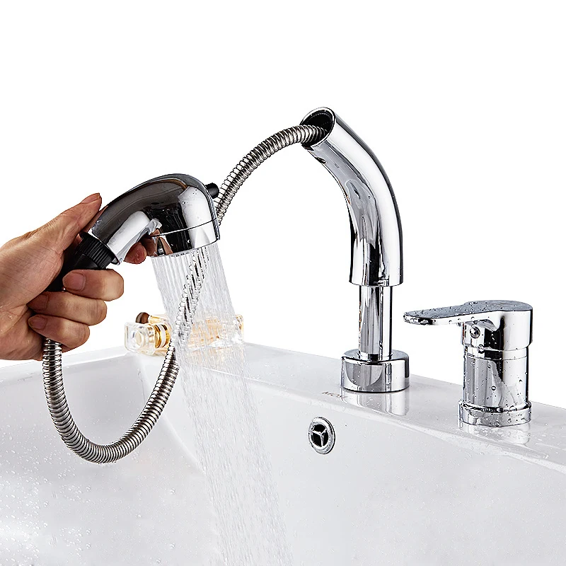 2PCS Kitchen Faucet Single Lever Pull Out Sprayer Swivel Spout Sink Tap Height Adjustable Cold Hot Water Mixer Tap Deck Mounted