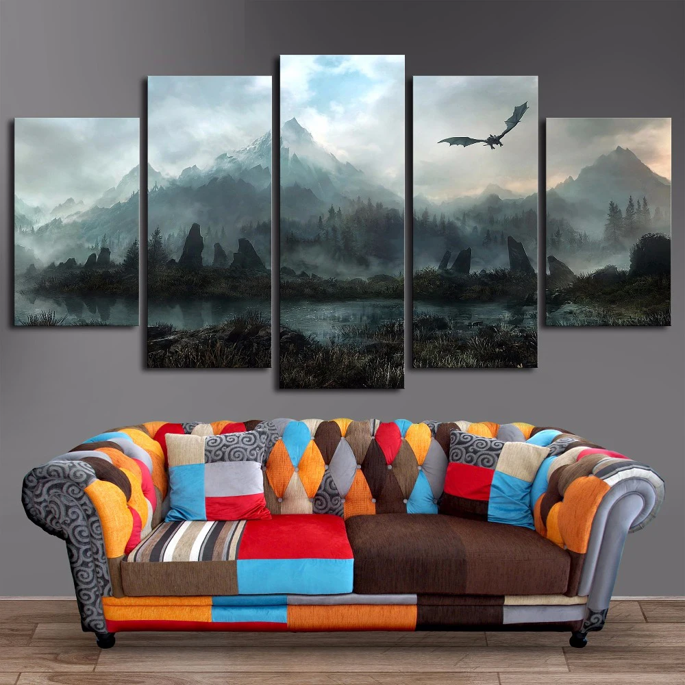 Obrazy na ścianę na płótnie Home Decor 5 sztuk gra o tron Dragon Skyrim obrazy do salonu modułowe wydruki plakat ramki