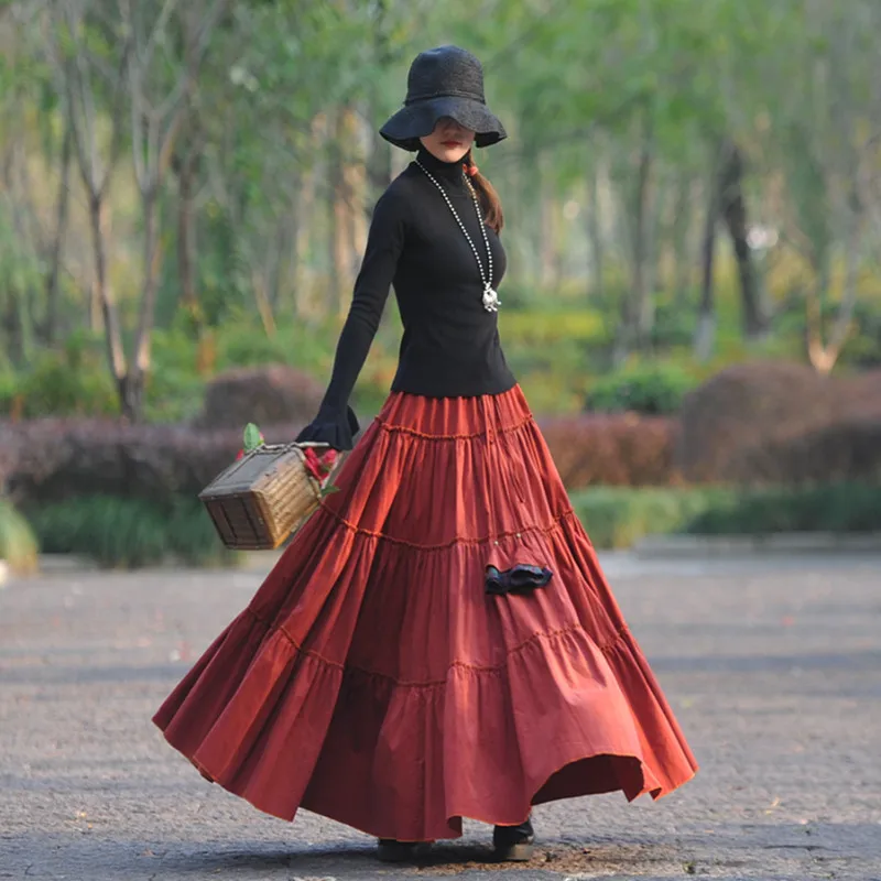 Free Shipping 2022 New Fashion Long Maxi A-line Elastic Waist Women Autumn Winter S-2XL Vintage Corduroy Big Hem  Skirts