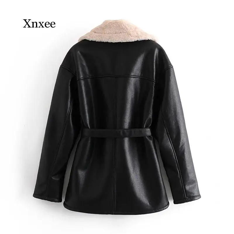 Women Fashion Winter Coat Thicken Warm Faux Leather Jacket Flat Collar Soft Imitation Wool Lining Jacket Parkas Female