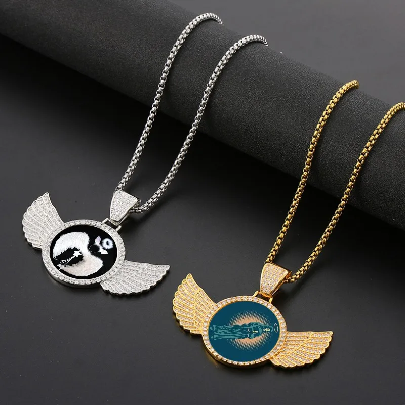 Custom Photo Name Necklaces with Angel Wings Cubic Zircon Circle Hip Hop Stainless Steel Jewelry Fashion Women Men Pendant Gifts