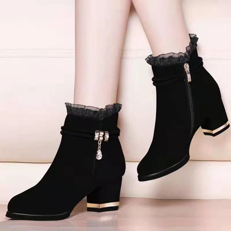 Fashion Pleated Turned-over-Edge Boots For Women 2021 Zippres Square High Heel Ankle Solid Round Toe Short Plush Female Shoes