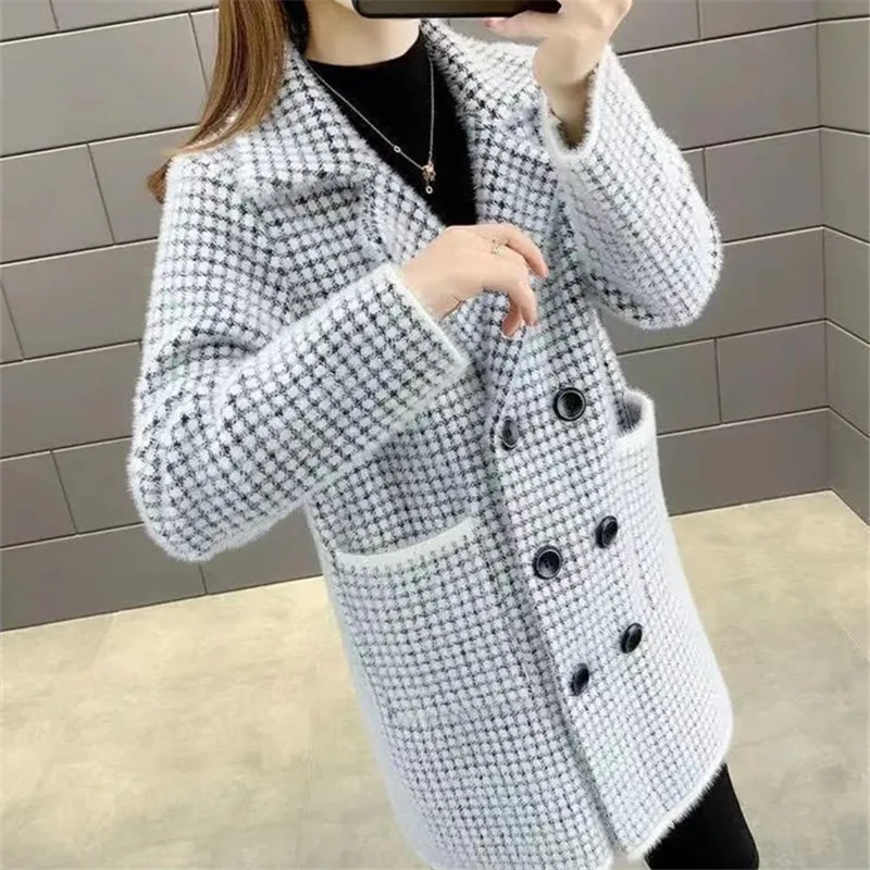 Faux Mink Cashmere Woolen Coat Women Mid Long Cardigan Outerwear Korean Winter Thick Loose Houndstooth Woolen Jacket Coat Female