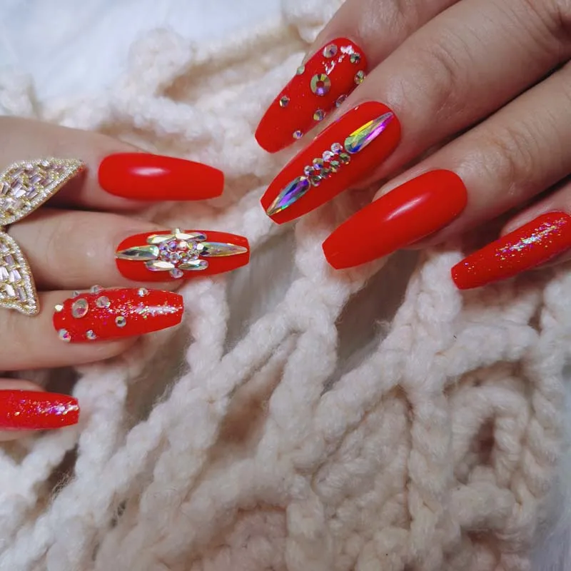 24pcs high-end fashion handmade crystal diamond long flat false nails red