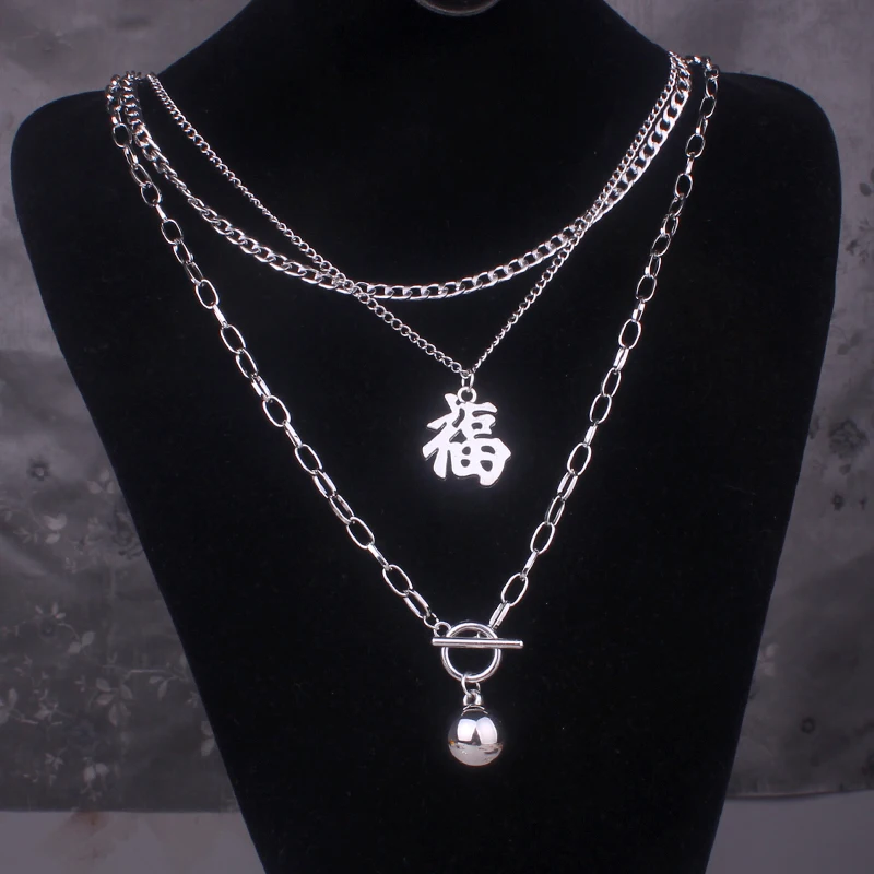 Vintage Layered Chinese Letter FU Necklace For Women Men Unisex Jewelry FU Mean Good Luck Best Wishes di039