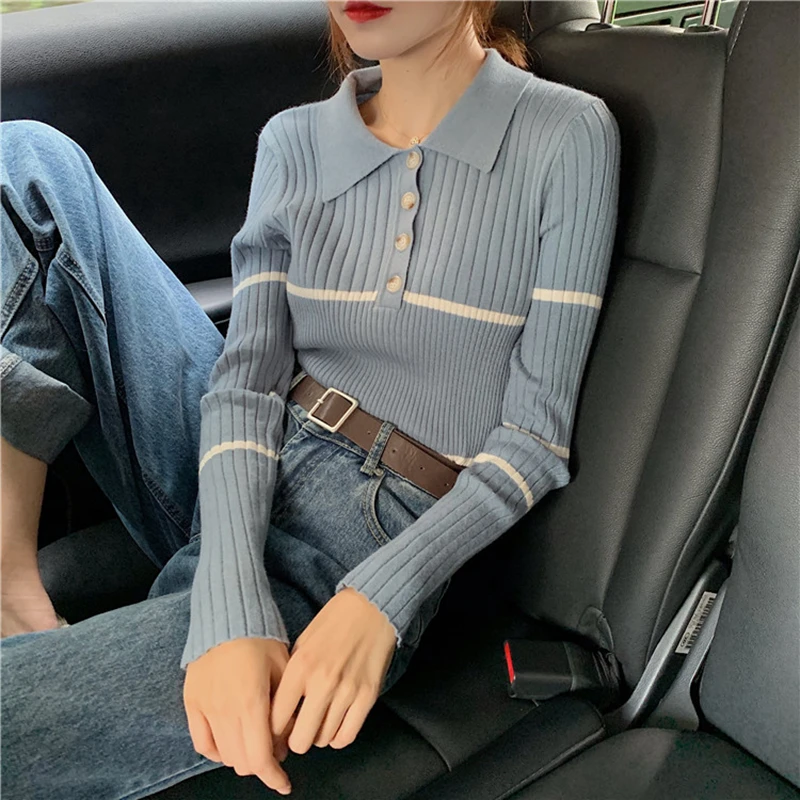 gkfnmt Women Sweater 2021 New Fashion Turn-down Collar Autumn Winter Striped Office Lady Pullover Slim Knitted Sweaters Chic