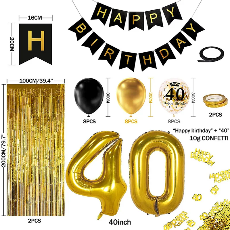 40th Black Gold Birthday Party Decoration, Happy Birthday Banner, Helium Number Balloon 40 XXL, 2 Gold Fringe Curtain, Latex Con