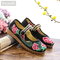 Veowalk Spring Handmade Thailand Ballet Flats Old Peking Women Casual Flower Embroidery Cotton Shoes Asakuchi Breathable Shoes