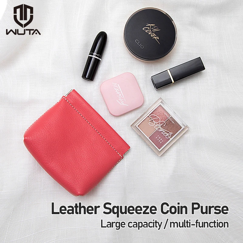 WUTA DIY Genuine  Leather Squeeze Coin Purse Goatskin Mini Coin Pouch Wallet Storage Bag for Lipstick Earphone Cosmetic Bag