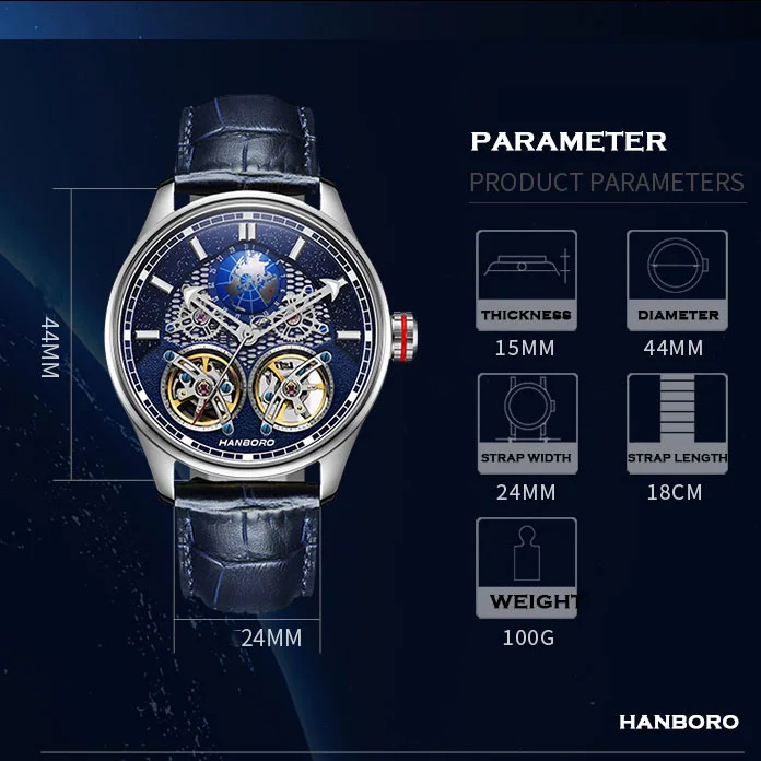 HANBORO Men Automatic Watch Mens Luxury Watches Waterproof Luminous Mechanical Wristwatch Hollout Out Dial Fly Wheel Movement