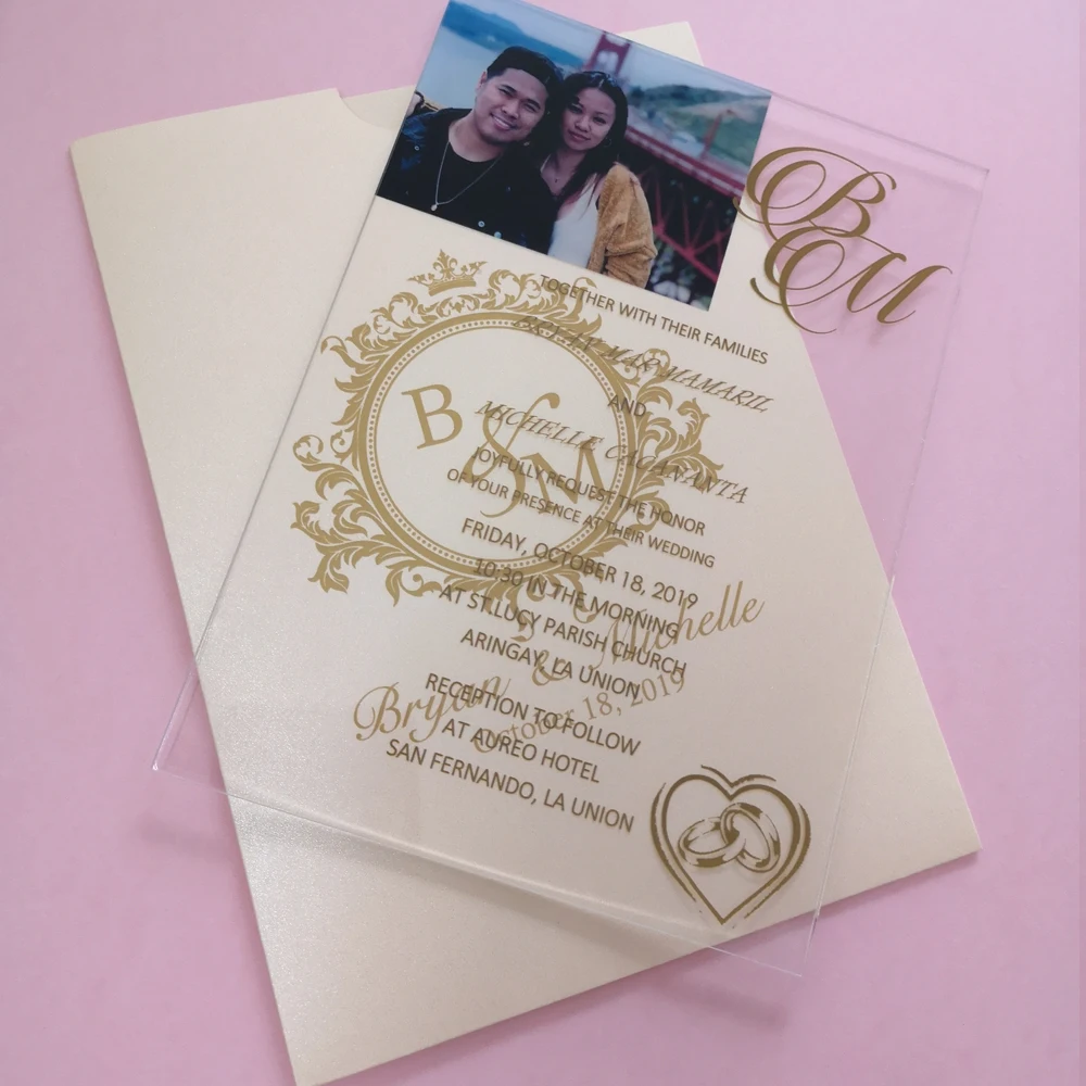 

Hot Sale Custom Personalized Screen Printing With Couple Photos Clear Acrylic Wedding Invitation Card