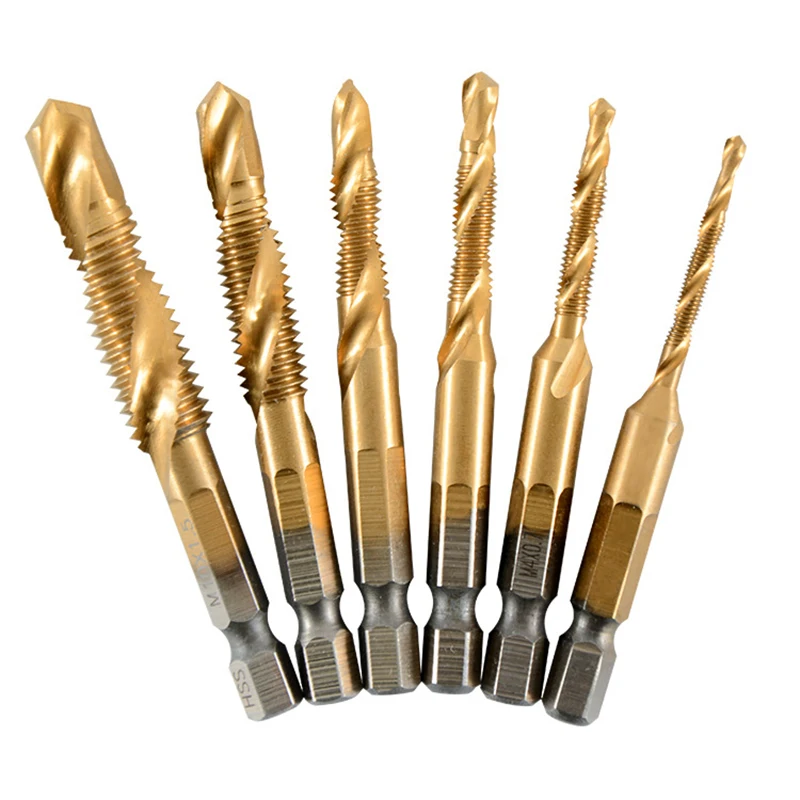 Vástago hexagonal de 6 piezas, rosca de tornillo HSS chapada en titanio, compuesto métrico, brocas de taladro, máquina de tornillo, M3, M4, M5, M8, M10, herramientas manuales