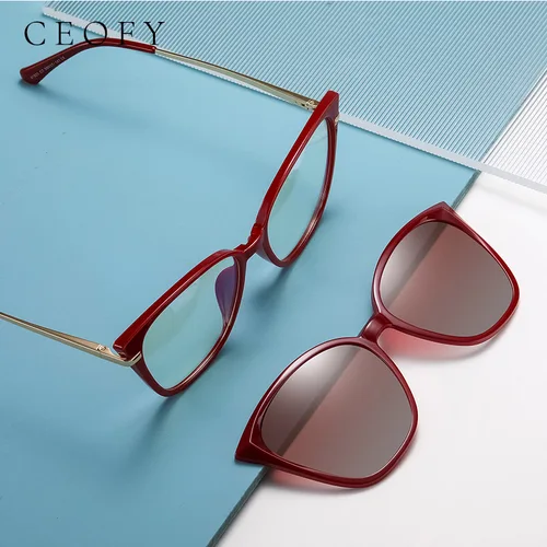 Imagen 1 del producto Ceofy, gafas con Clip para mujer, gafas ópticas, gafas de sol polarizadas con forma de ojo de gato, gafas clásicas con estilo magnetismo para mujer 91521